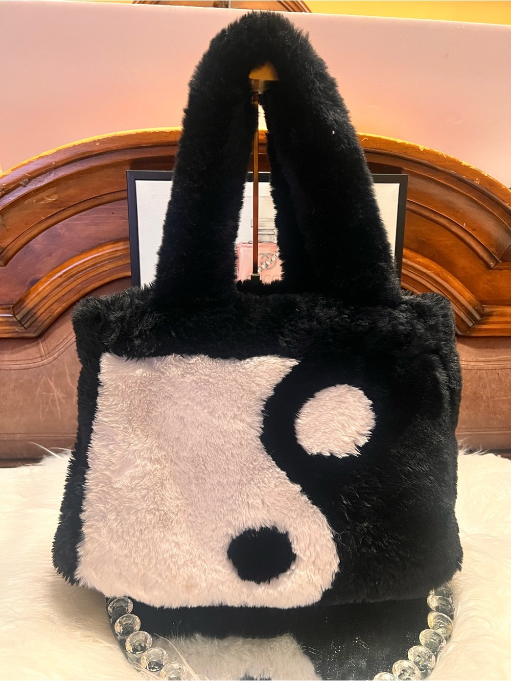 Faux Fur Yin Yang Black & Cream tote bag